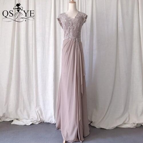 Grey Lace Prom Dresses Cap Sleeves Chiffon Evening Gown V Neck Straight Party Gown Ruched Pleat Women Pleat Cheap Evening Dress