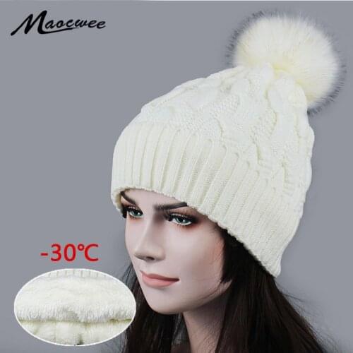 Faux Fur Pompom Winter Hat for Women Skullies Fashion Solid Warm Hats Knitted Beanies Cap Brand Thick Female Cap Wholesale 2018