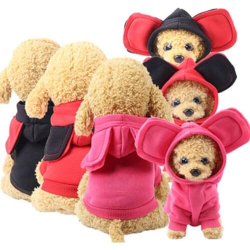 Big Ears Dog Clothes Hoodie Pocket Hood Coat Winter Fleece Warm Solid Color Big Ear Style Dog Jacket Sweatshirts For Small Dogs