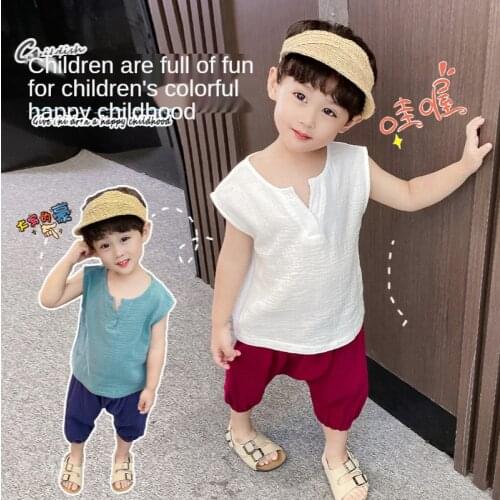 2021 Summer Kids Clothes Boy Clothing Set Vest V-neck Tees Sleeveless Tops Casual Girls Clothes Uniform Cotton Teenage Fashion