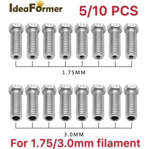 5/10pcs All-Mental Volcano Stainless Steel Nozzles For 3D Printer 0.2mm-1.2mm For 1.75/3.0mm Extra Lengthen M6 Nozzles parts
