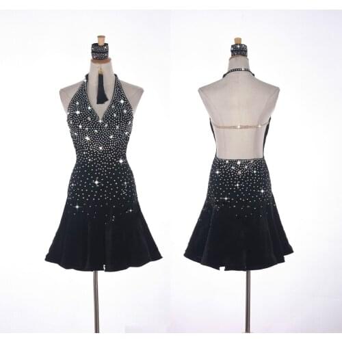Shiny Rhinestone Latin Dance Dress For Women High-end Custom Black Sexy Skirt Fashion Ladies Professional Ballroom Suits