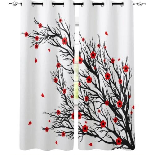 Black Branch Red Flower Curtains For Bedroom Living Room Modern Kitchen Windows Curtain Home Decoration Drapes