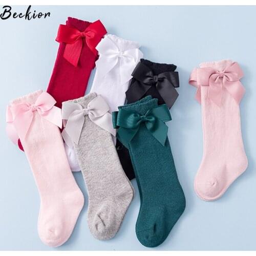Baby Girls Knee High Socks Toddlers Tube Ruffled Bow Stockings Infant Newborn Cotton Colorful Childhood Princess Frilly Socks