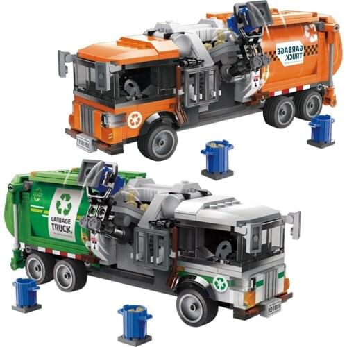 City Series Garbage Truck Sanitation Vehicle Building Blocks Cleaning Car Model With Figure Bricks Toys For Kid Birthday Gifts