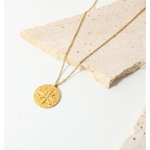 Delicate Female Collarbone Chain Necklace Stainless Steel Custom 18K Gold Hammered Coin Eight Pointed Star Pendant Necklace