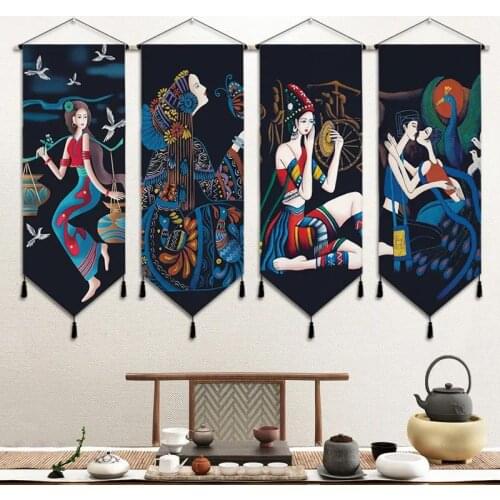 Ethnic Style Girls Canvas Art Painting Hang Wall Decor with Tassels Wood Scroll Painting Picture Hotel Living Room Decor