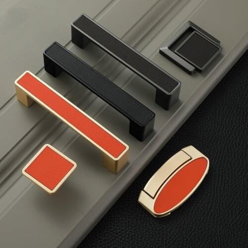 Leather Handles for Furniture Gold Luxury Drawer Cabinet Handle Solid Zinc Alloy Leather Cabinet Door Pulls Knobs Hardware