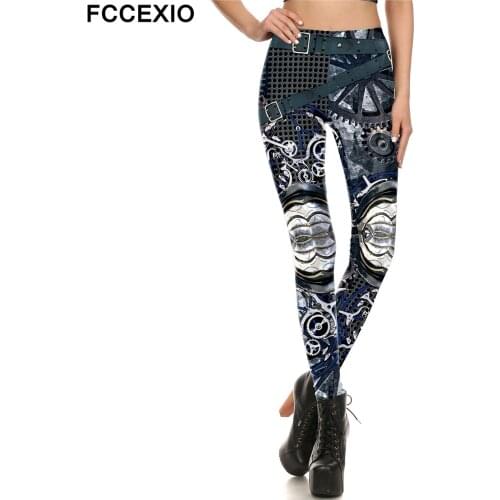 FCCEXIO Fashion Summer Steampunk Style Printed Slim Workout Leggings Women 3D Printing Elastic Leggins Trousers Women