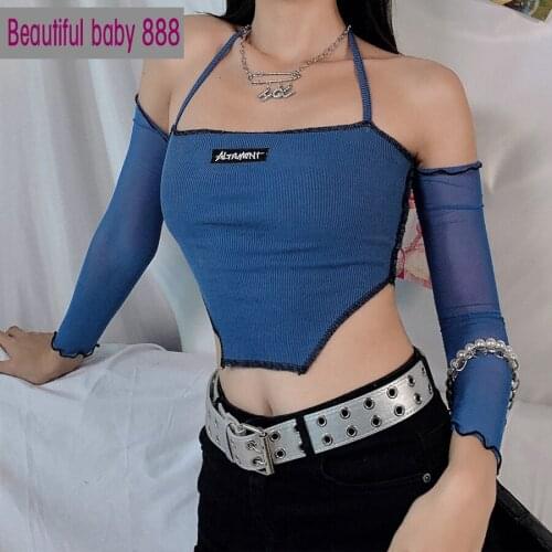 Meqeiss basic sweet sling crop tops for women Tshirt fashion casual streetwear Ribbing knit Patchwork long sleeve top Tee female