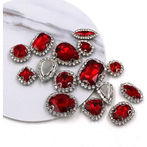 New style Red mixed shape glass strass rhinestones claw setting sew on flatback crystal button for clothing/wedding decoration