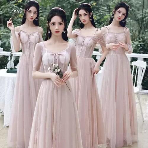 Bridesmaids Dresses Illusion V-Neck Button Embroidery A-Line Short Spaghetti Straps Tulle Lace Pink Lady Wedding Party Gown E448