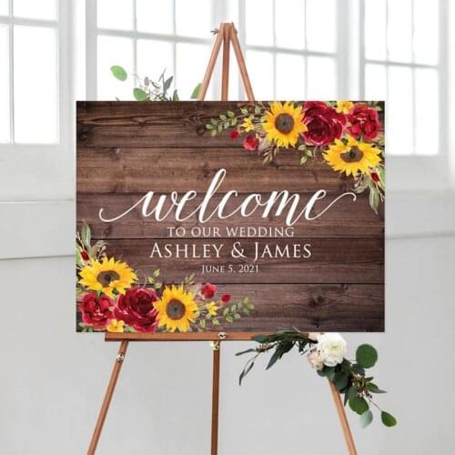 Sunflowers and Red Roses Wedding Welcome Sign, Rustic Welcome Wedding Sign, Fall Wedding Welcome,Wooden Wedding Welcome Sign