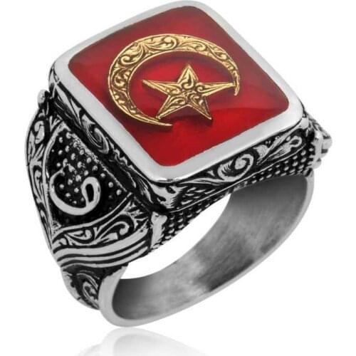 Silverlina Silver Red Moon Star Men 'S Ring