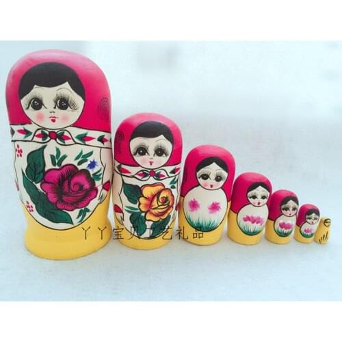 Traditional 7 Pieces Handcrafts Wooden Babushka Russian Nesting Doll Hand Painted Chromatic Girls Woman Table Shelf Decor