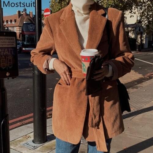 Corduroy Single-breasted Belted Women Blazer 2020 Winter Long Sleeve Notched Collar Chic Korean Vintage Female Jacket Coat Femme