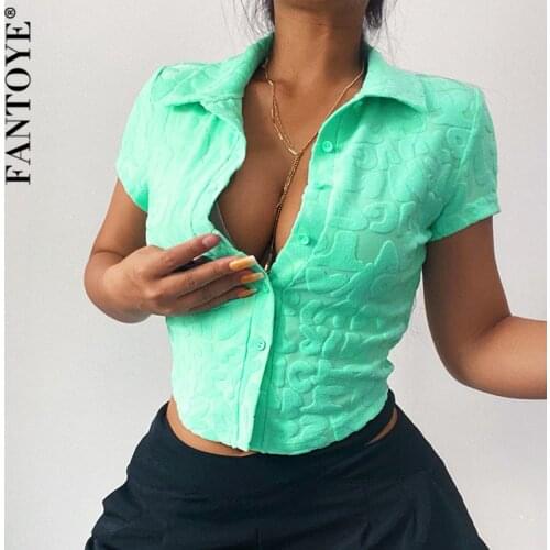 Fantoye Sexy V-neck Cotton Print Women T-shirt Green Short Sleeve Button Slim Tops Ladies Summer Sexy Streetwear Skinny T-shirts