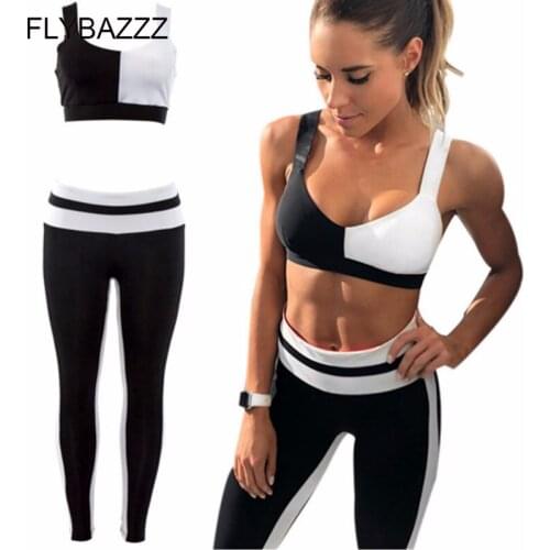 Women Sports Suit Black White Patchwork Tracksuit Fitness Gym Yoga Set Female Costume Sport Top+Leggings Running Workout Clothes