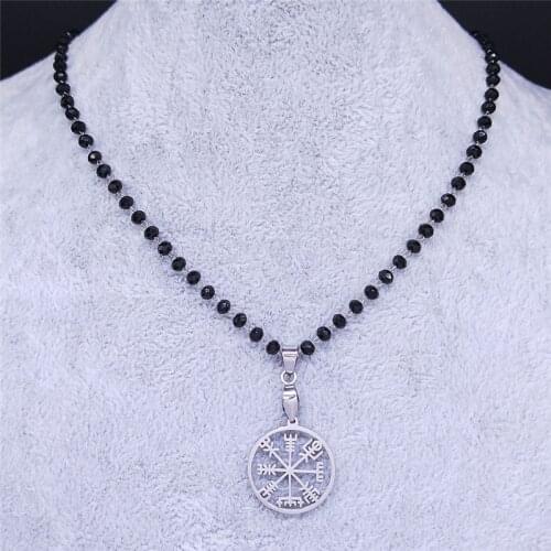 Viking Vegvisir Compass Necklaces Men Stainless Steel Nordic Runes Odin Crystal Bead Necklace Celts Ethnic Jewelry N3543S05