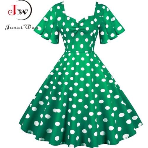 Plus Size Women Summer Dress Butterfly Sleeve Swing Vintage Dresses Robe Femme Elegant Green Polka Dot Party Sundress Jurken