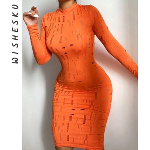 Women Sexy Ripped Hole Bodycon Dress O Neck Long Sleeve Night Club Midi Dresses 2021 Summer Fairy Grunge Clothes Streetwear