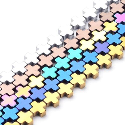 10pcs Jewelry Beads Greek Cross Electroplate Non-Magnetic Hematite Beads Strands,Mixed Color,8x8x3mm,Hole:1mm