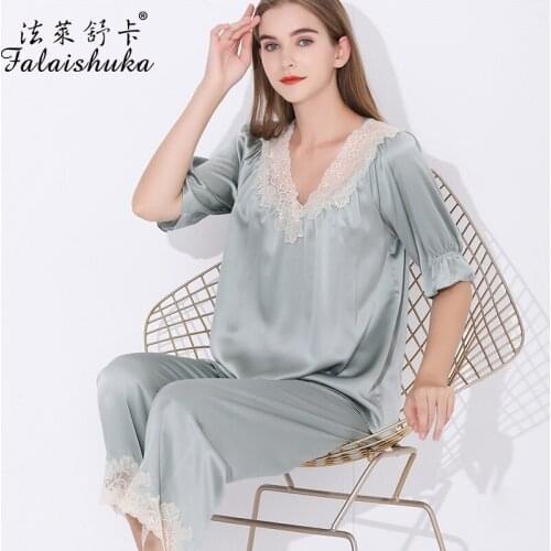 19 momme 100% genuine silk women pajama sets Elegant short sleeve Trousers noble pure natural silk women sleepwear T8264