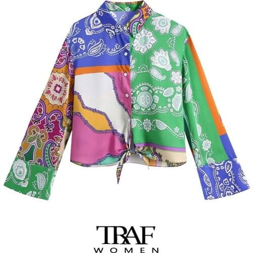 TRAF Za Women Fashion With Bow Tied Patchwork Print Blouses Vintage Long Sleeve Button-up Female Shirts Blusas Chic Tops