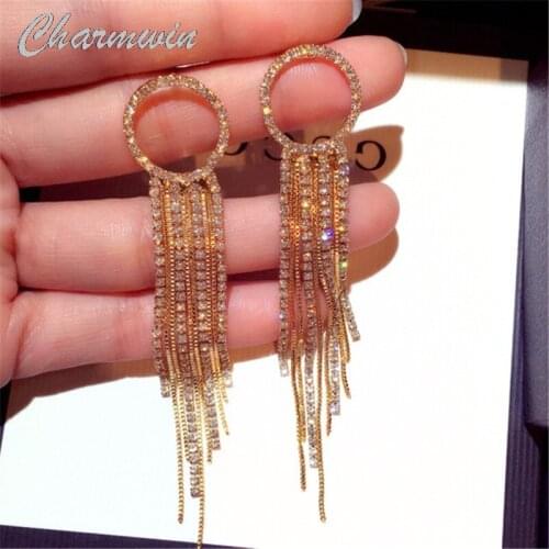 Charmwin New Statement Long Earrings For Women Dangle Earrings Exaggerated Rhinestones Circle Ear Metal Tassel Earrings Jewelry