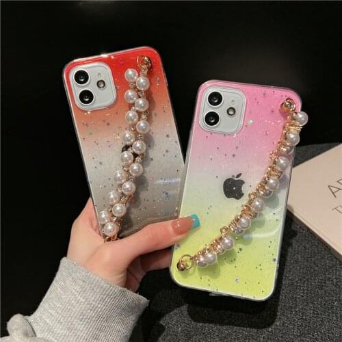 2021 New Clear Gradient Pearl Bracelet Case For iPhone 11 12 Pro XS Max 7 8 Plus X XR SE 2020 Soft Epoxy Shockproof Back Cover
