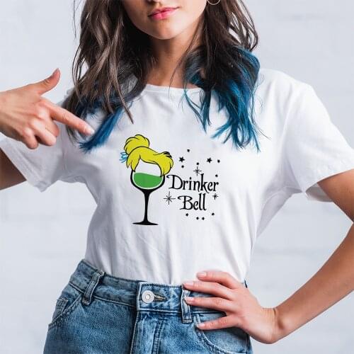 Drinker Bell Letters Print Women T-Shirt Disney Wine Glass Princess T Shirt Female White Top Fashion Outdoor Summer New Dropship
