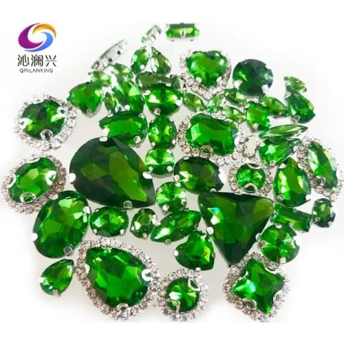 50pcs/pack Grass Green Mix Shape Mix Size Crystal Buckle+claw Rhinestone,Silver Base Glass Sew on Stones Diy/Gewelry Accessorys