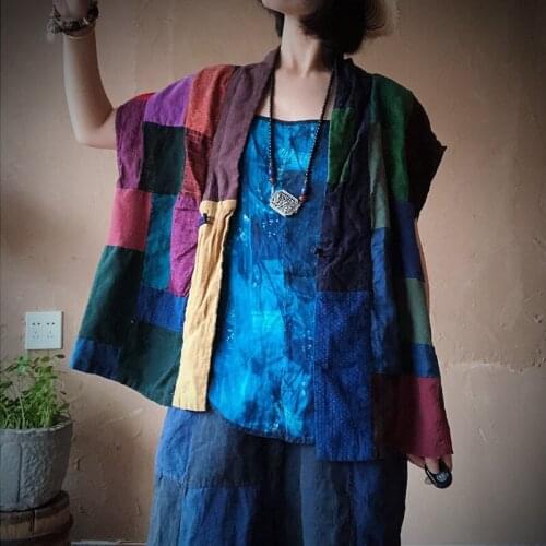 Johnature Vintage Women Patchwork Vest Single Breasted Random Color Stand Collar 2021 New Autumn Clothes Leisure Women Vests