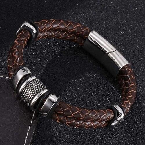 Brown Men Leather Bracelet Double Layer Woven Jewelry Stainless Steel Accessories Braided Magnetic Buckle Unisex Wrist Band 0378