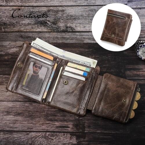 CONTACTS Leather Men Wallet Quality Mini Wallets Genuine Leather Small Coin Purse Card Holder Casual Portfolio Male Carteiras