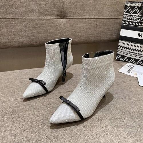 Nice Slim Heel High Heeled Boots Womens New Bow Pointed Short Boots with Side Zipper Bling Party Ankles Boots