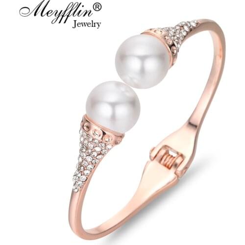 Meyfflin Fashion Simulated Pearl Cuff Bracelets & Bangles Jewelry Vintage Crystal Opened Bracelet Gold Silver Color Bijoux 2021