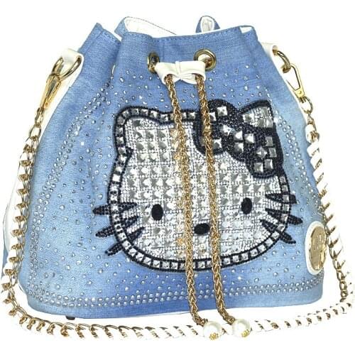 2018 Fashion Bucket Denim Bag High Quality Handbags kitty Shoulder Bag Diamonds Women luxury handbags women bags designer