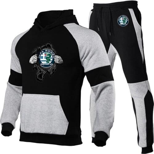 2021Autumn Winter New Mens Alfa Romeo Logo High Quality Hooded Sweatshirt+Pants Sets Sportwear Casual Sports 2 Piece Suits