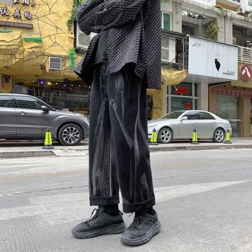 Dark funeral trendy brand hip-hop high street old mopping loose straight leg pants tie-dye gradient denim trousers men wholesale