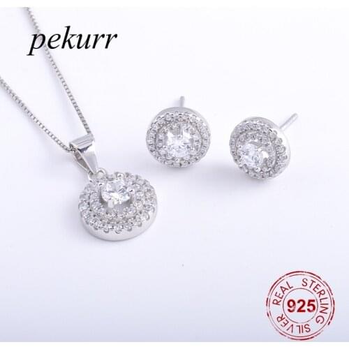 Pekurr 925 Sterling Silver Paved Zircon Beads Round Earrings Necklace Sets For Women Luxurious Gems Pendants Jewelry Sets