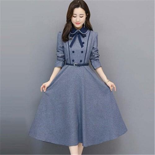 2019 spring and autumn womens dress fashion doll collar A word retro dress with belt elegant party long sleeves DW33