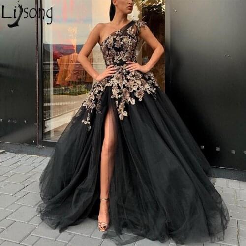 Fashion Black One Shoulder Tutu Prom Dresses 2019 Sexy High Side Split Formal Dresses 3D Gold Flower Beaded Prom Gowns