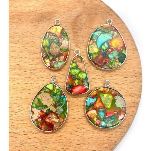 1Pc Turquoise Pendants Natural Semi-precious Stone Metal Package Edge DIY for Making Necklace Round Oval Shape 16x30mm Size