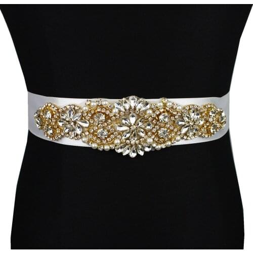 Luxury handmade Rhinestone Ribbon Bridal Belt Sash Gold Crystal Wedding Belt With beaded Pearl For headband Wedding Dress Prom