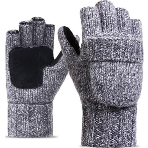 Wool Knitted Gloves Half-finger Clamshell Men and Women Winter Wool Plus Velvet Thick Leather Warm Outdoor Riding