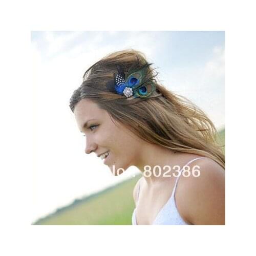 Blue Peacock Feather Fascinator Flower Girl Hair Clips