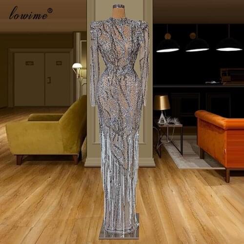 Heavy Handmade Sexy Illusion Evening Gowns 2020 Long Beading Crystals Formal Prom Dress With Tassels Dubai Celebrity Vestidos