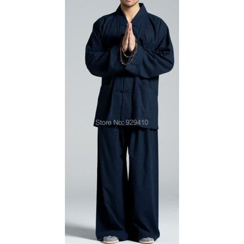 Unisex Monks cotton&linen buddhist meditation kung fu uniforms buddhism clothing sets lay martial arts suits blue YXA-114