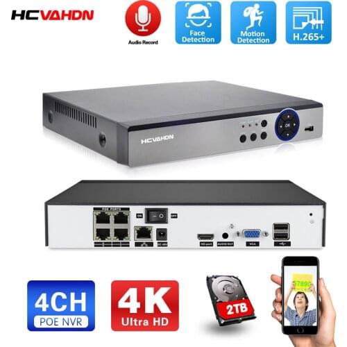 HCVAHDN 4K 4CH POE NVR ONVIF H.265 Audio Out Surveillance Security Video Recorder for POE IP Camera (1080P/4MP/5MP/8MP/4K)